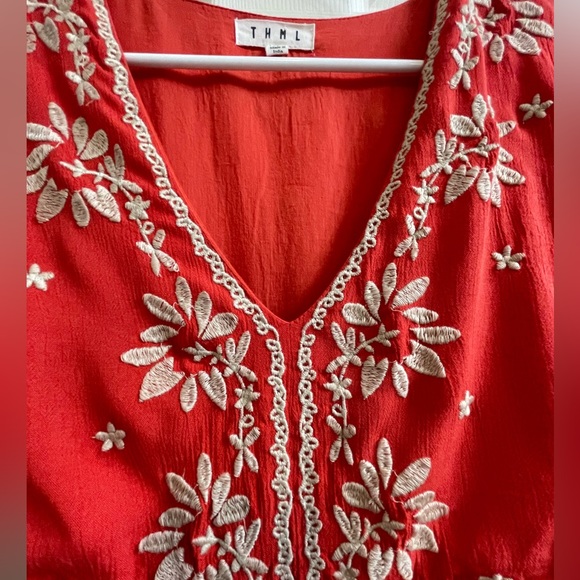 Red/Orange Peasant Dress w/White Embroidery - Picture 4 of 6